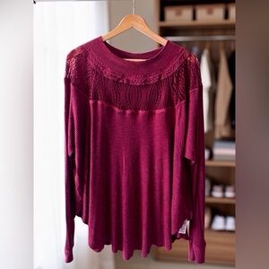 Free People Lace Yoke Thermal Top Burgundy Waffle Knit Mock Neck M Boho